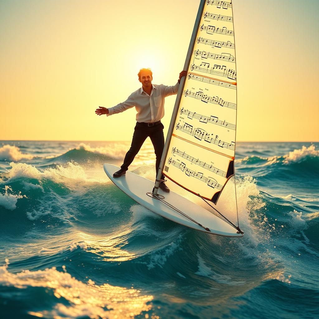 Composer Windsurfing on Sheet Music Ocean