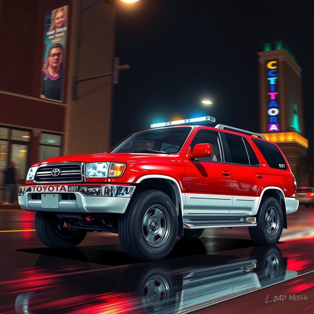 Fire Engine Red 4Runner Speeds Through City Streets at Night