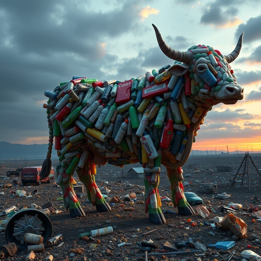 Cow Sculpture from Recycled Plastic in Matte Painting Style