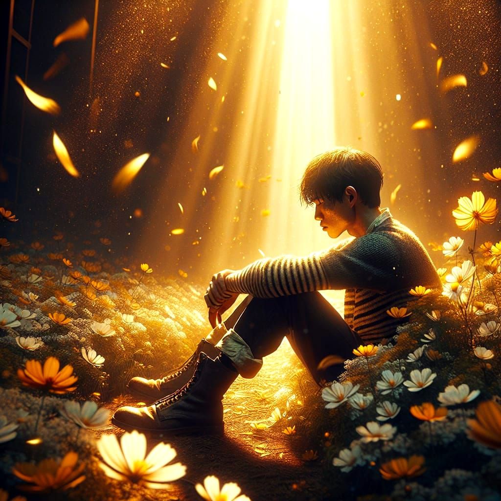 Ethereal Young Man in Vibrant Floral Oasis