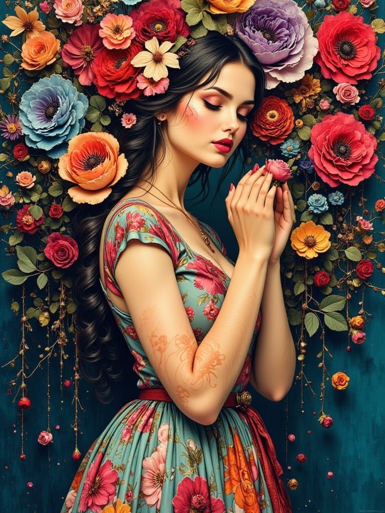 Surreal Floral Explosion: Captivating Woman in Vibrant Color...