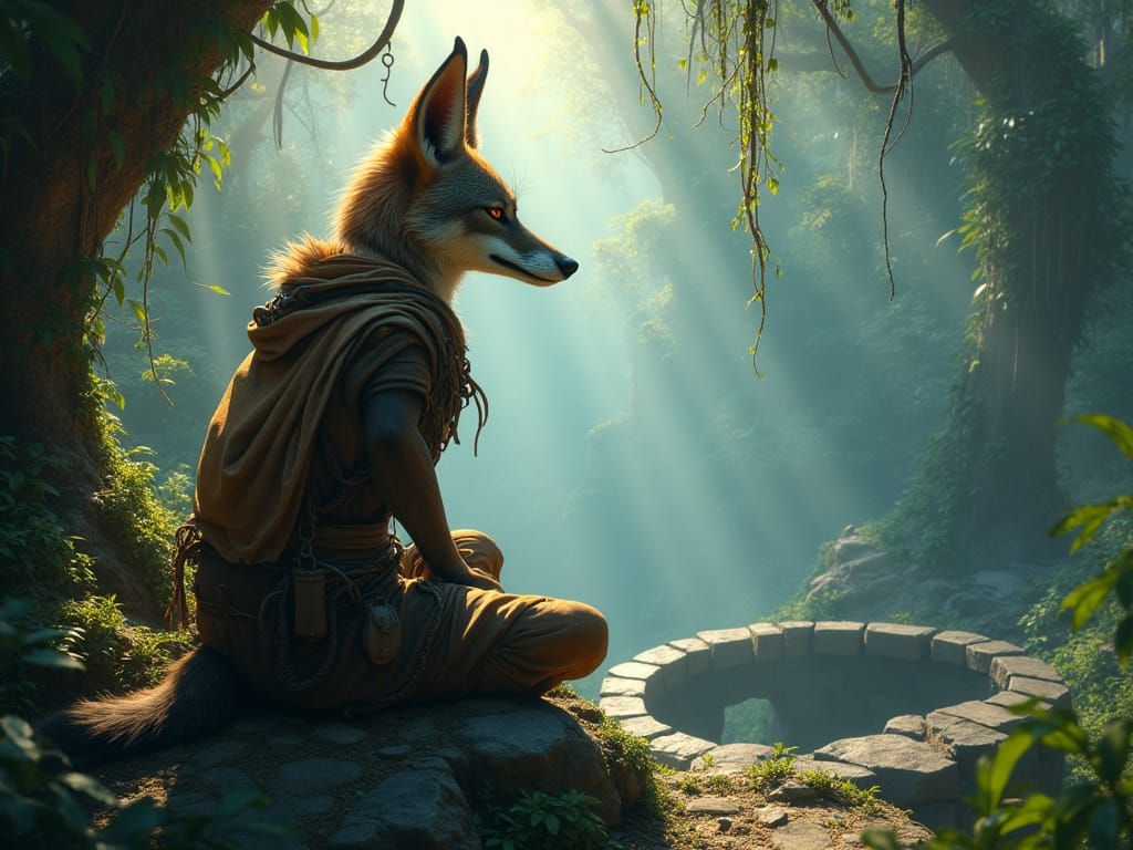 Thoughtful Jackal Contemplates Jungle Secrets in Mystical, E...