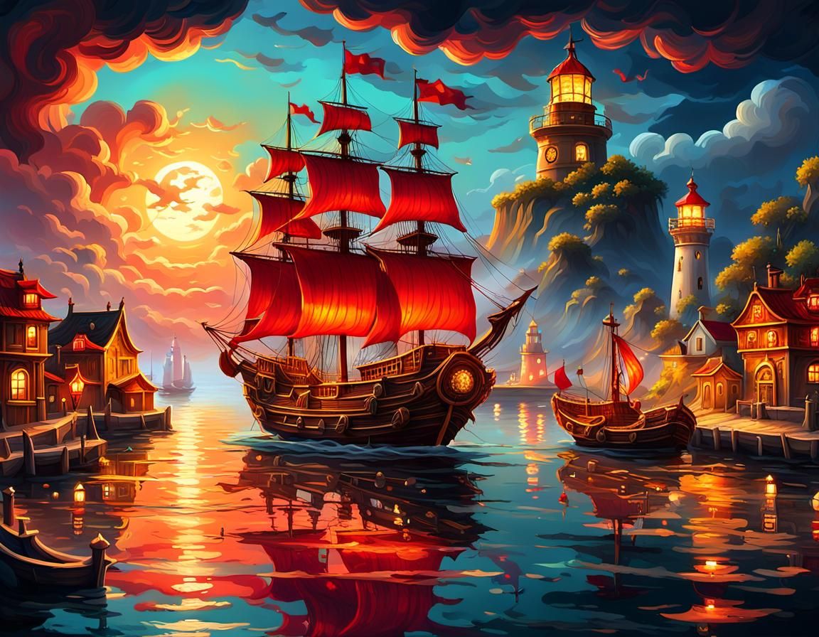 Baroque Galleon with Scarlet Sails in Golden Light