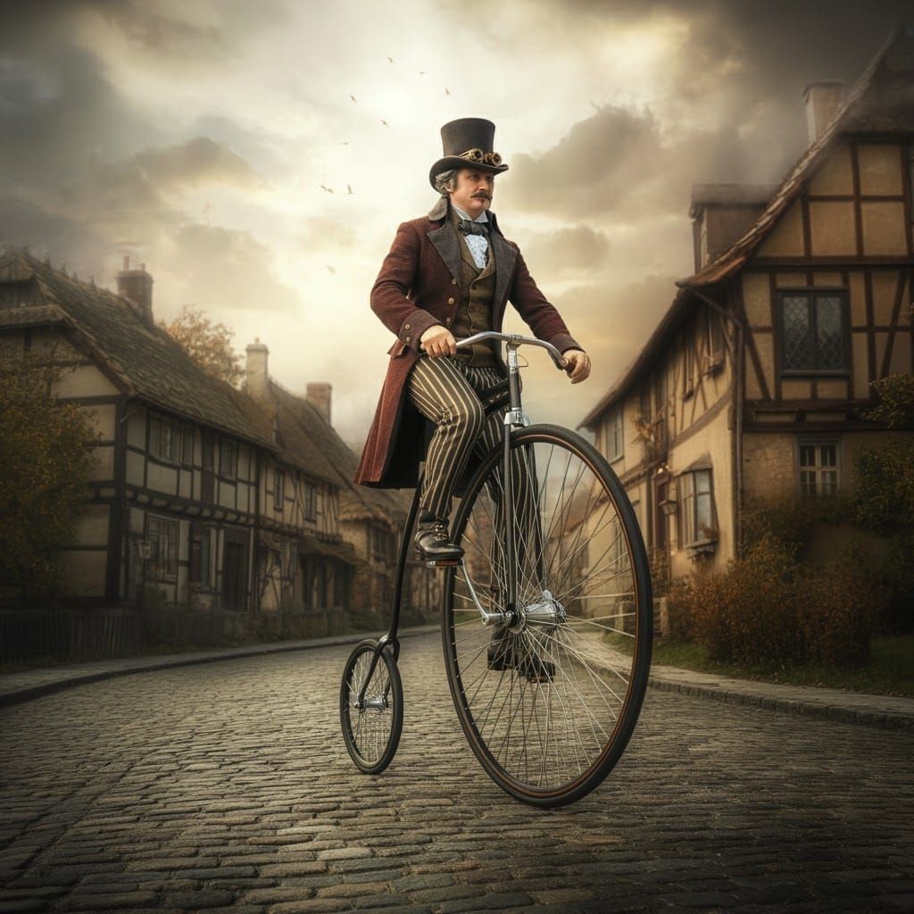Steampunk Gentleman Rides a Velocipede Through Village