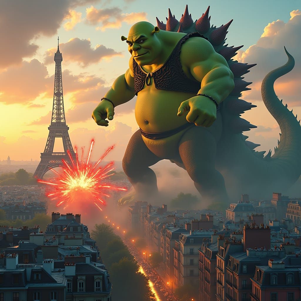 Gargantuan Shrek Battles Godzilla in Parisian Skies