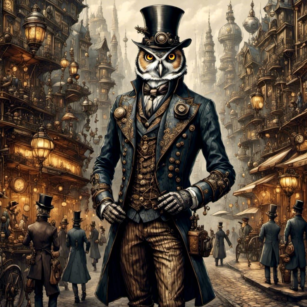 Steampunk Robotic Owl Gentleman in Victorian London