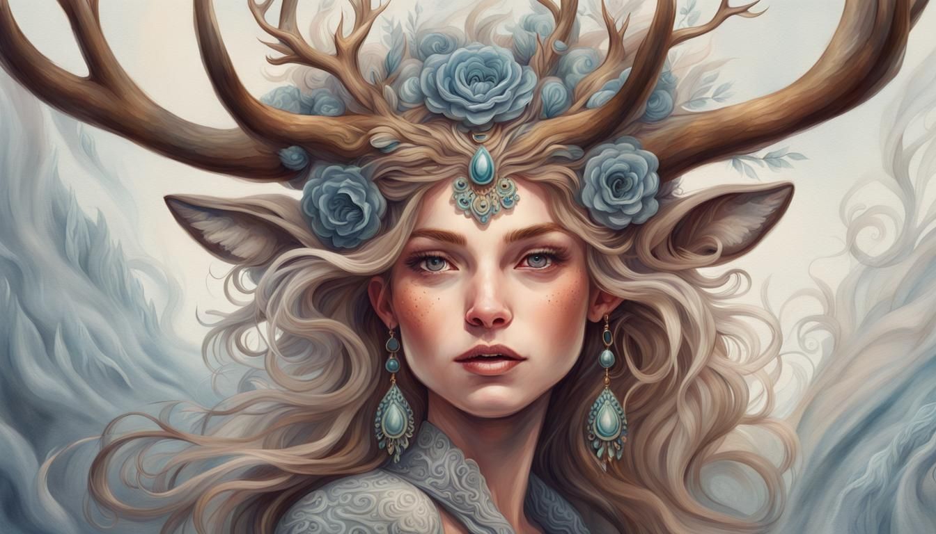 Fantasy Stag Girl Portrait with Swirling Fur