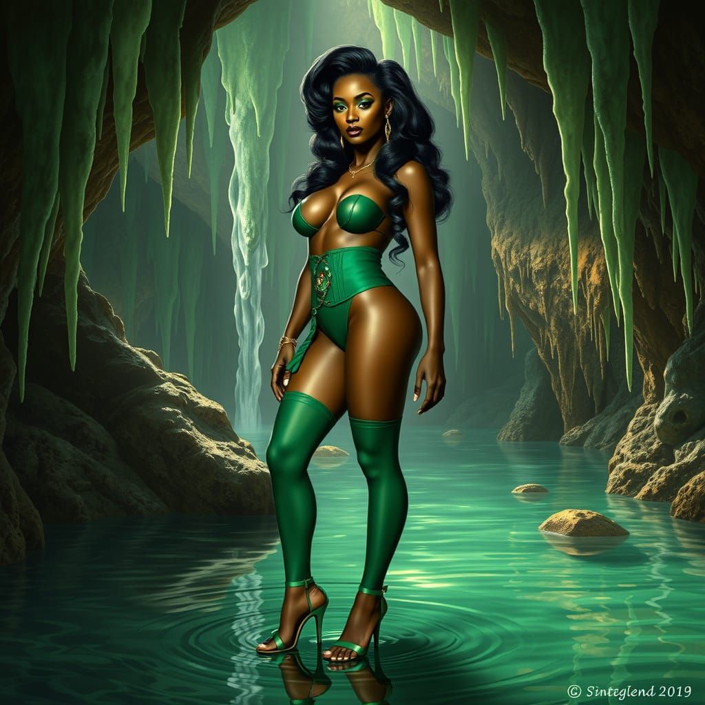 Lush Water Cave Portrait in Art Nouveau Style