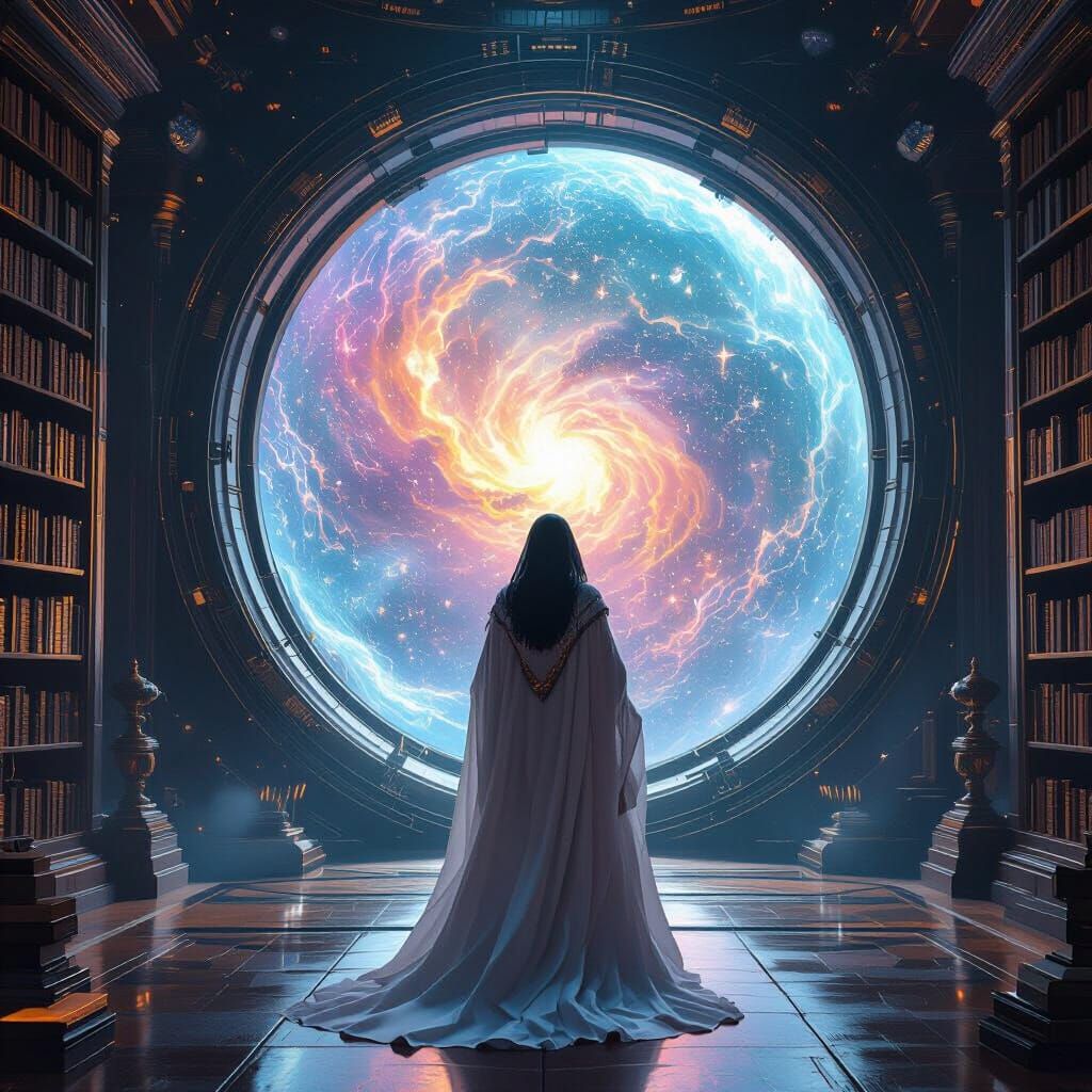 Celestial Librarian Guarding Nebula Portal