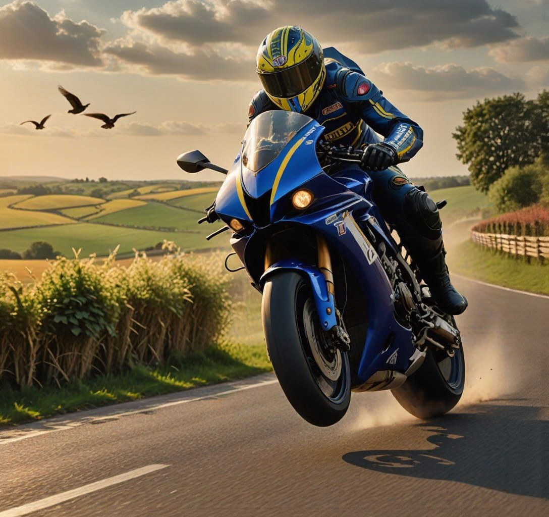 Motorcycle Rider Speeding Through Somerset Countryside