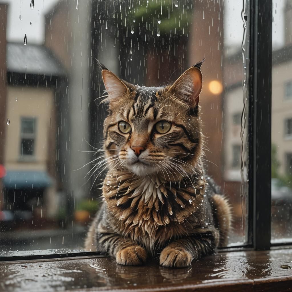 Hyperrealistic Tabby Cat on Rainy Windowsill