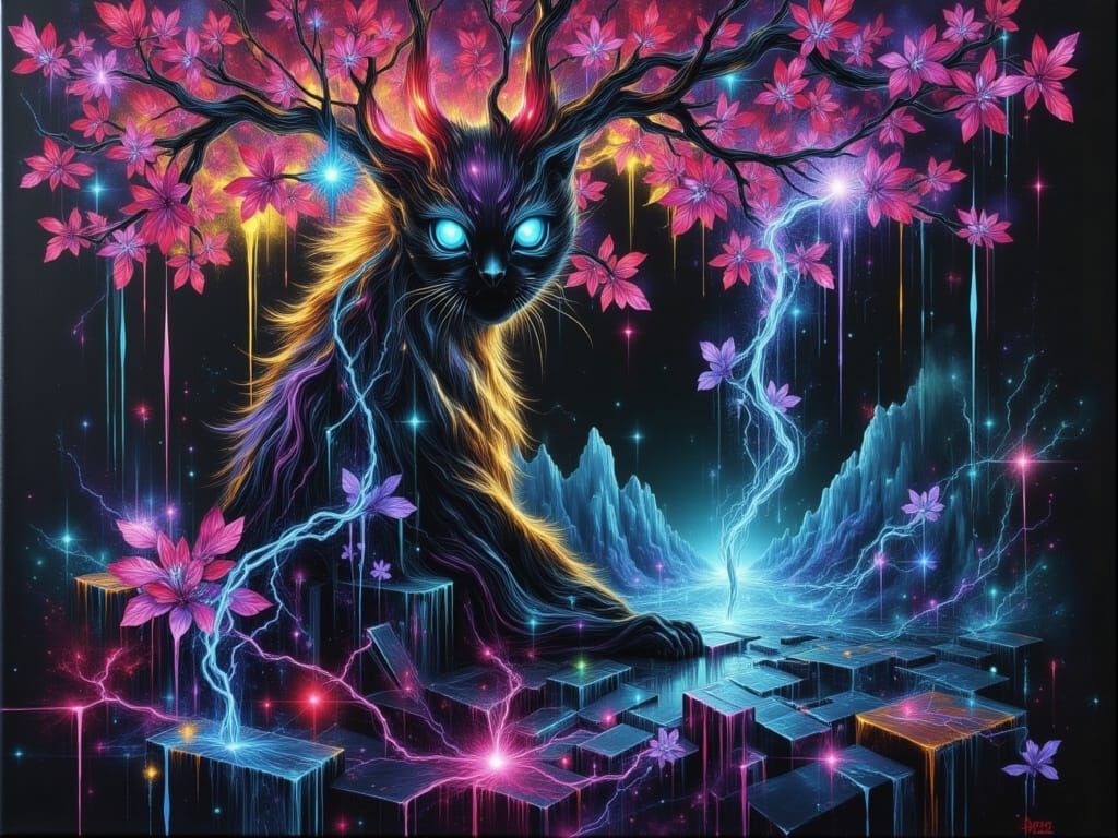 Impasto Cyberpunk Cat Under Sakura Tree