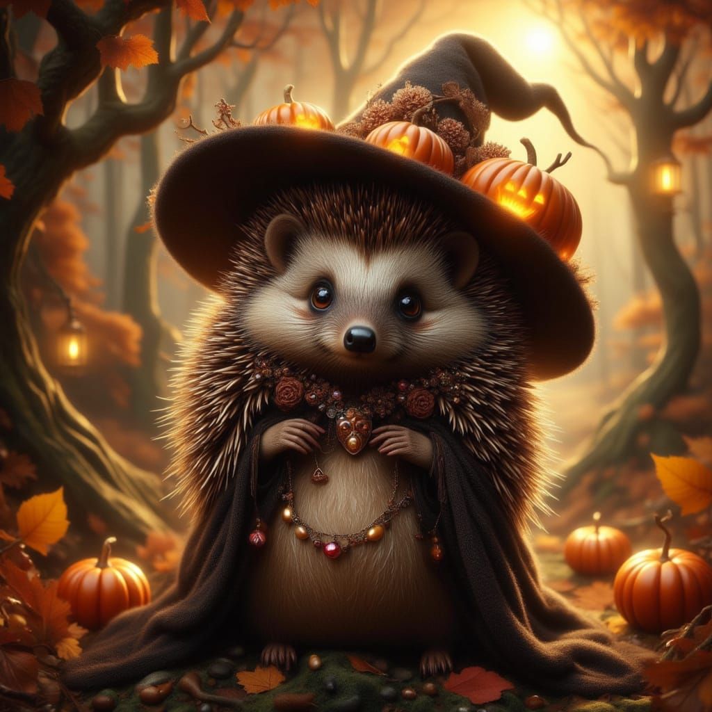 Hyper-Realistic Hedgehog Witch in Enchanted Autumn Forest