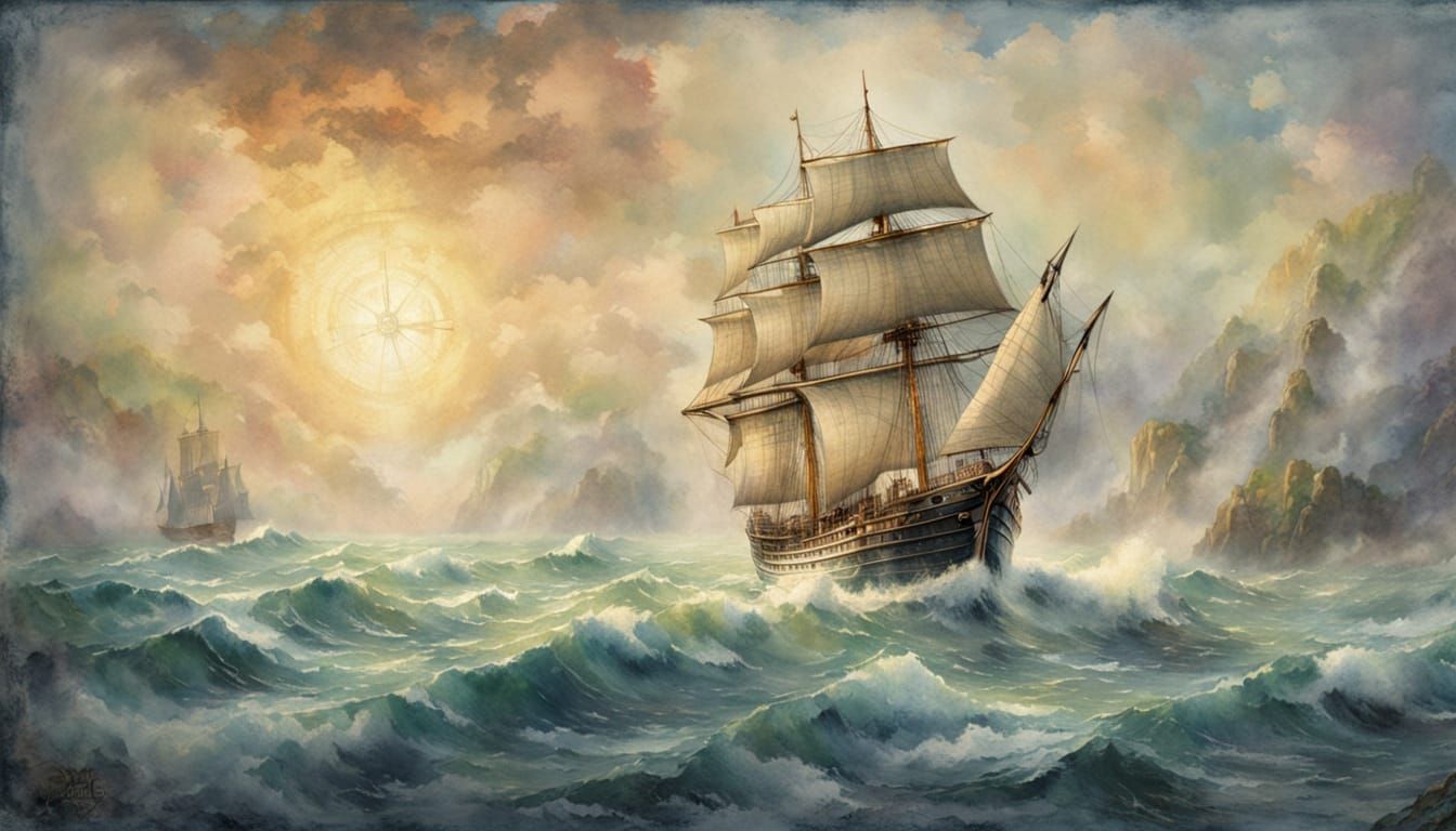 Sailing Ship on Open Water: Vintage Watercolor Illustration