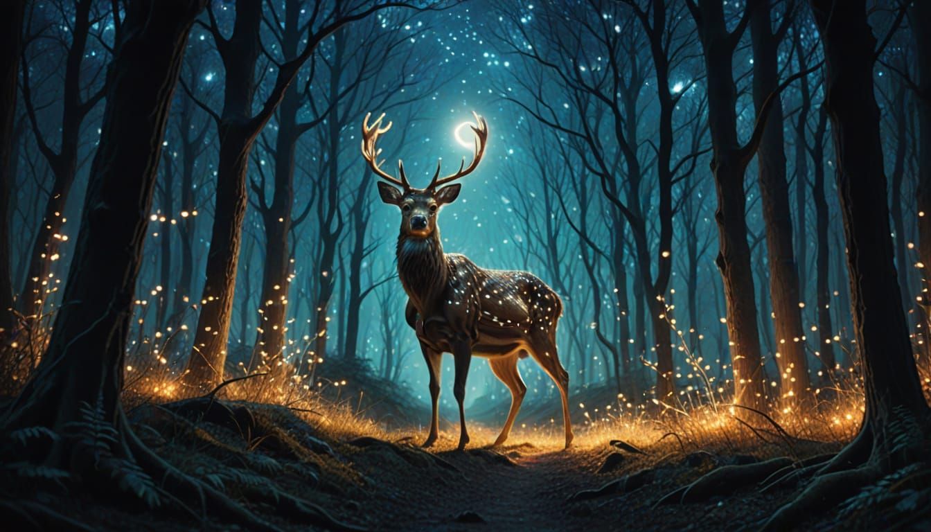 Stardust Deer Running Through a Dreamlike Forest