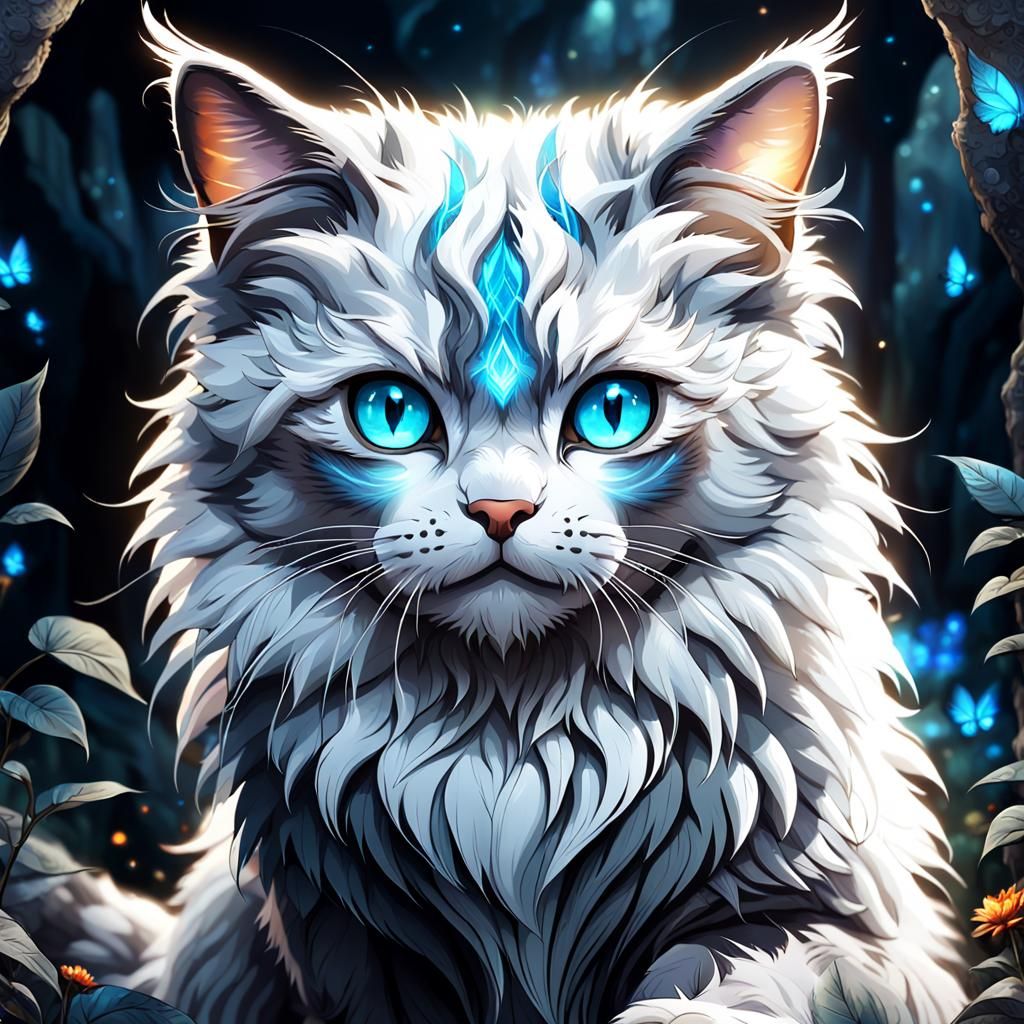 Anime Cat with Blue Eyes in Fantasy Setting