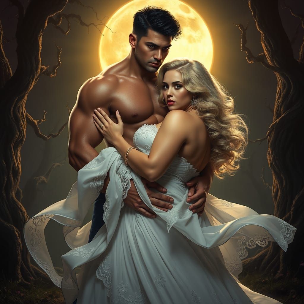 Romantic Embrace in Mystical Moonlight: Digital Art