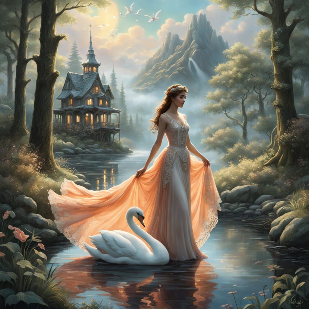 Serene Lady Eros in Nature, Cradling White Swan in Soft Peac...