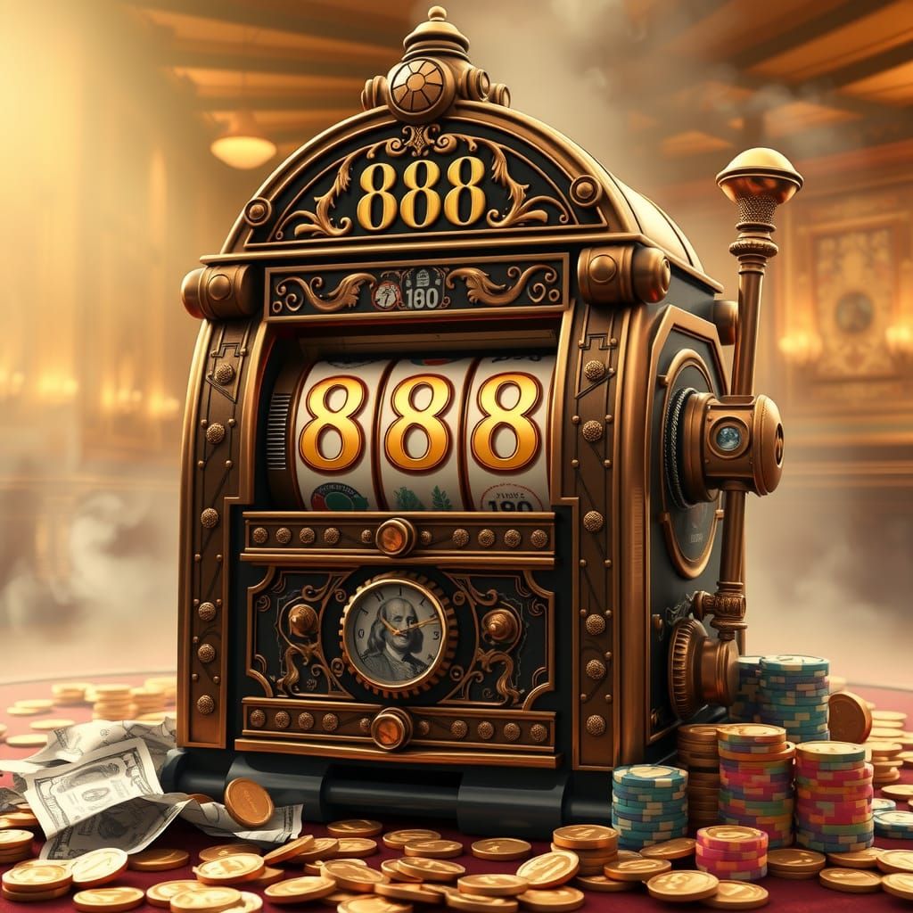 Vintage Brass Slot Machine Displays Winning Combination 888