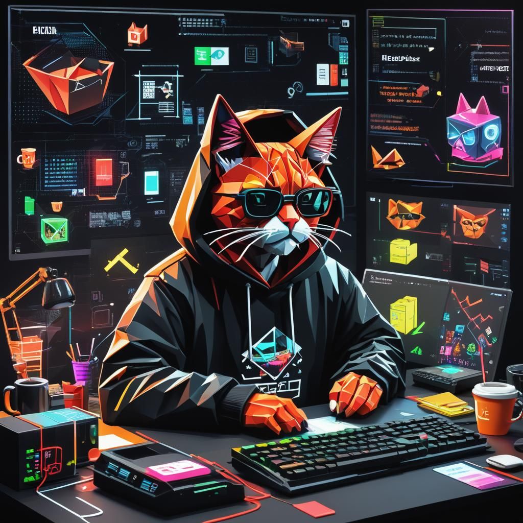 Neon Origami Cat Programmer in Futuristic Style