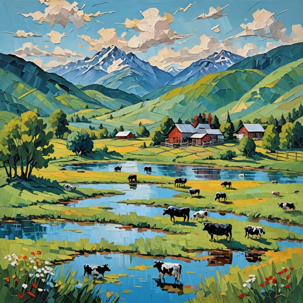 Farm in Mountain Foothills: An Impasto Painting