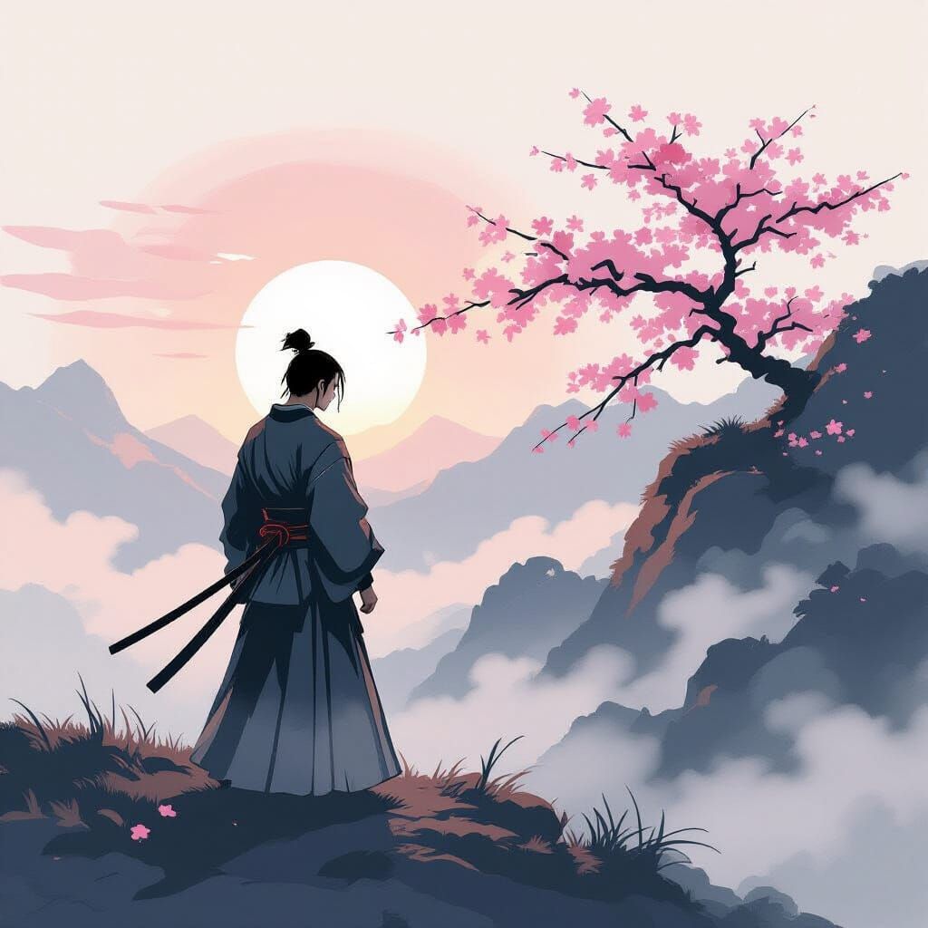 Lone Samurai on Misty Mountaintop in Yamato-e Style