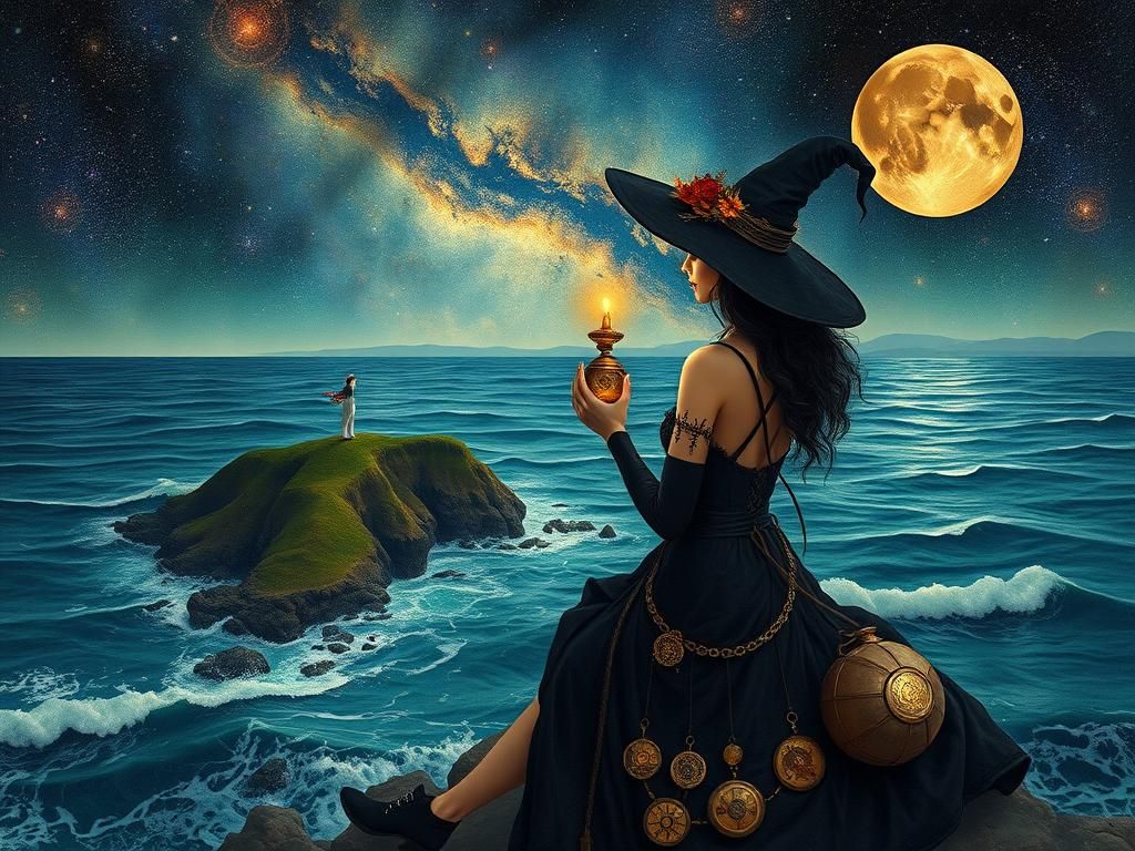 Steampunk Android Witch Gazing at Cosmic Ocean