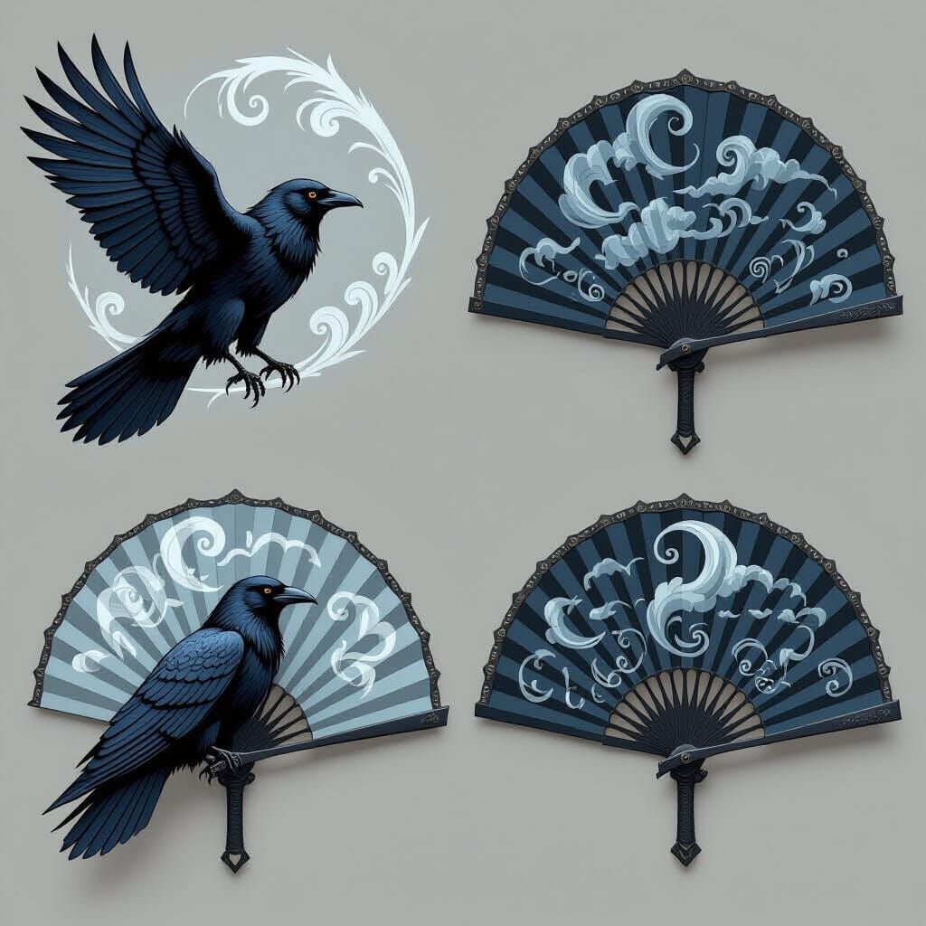 Ornate Raven Fans in Mystical Steel
