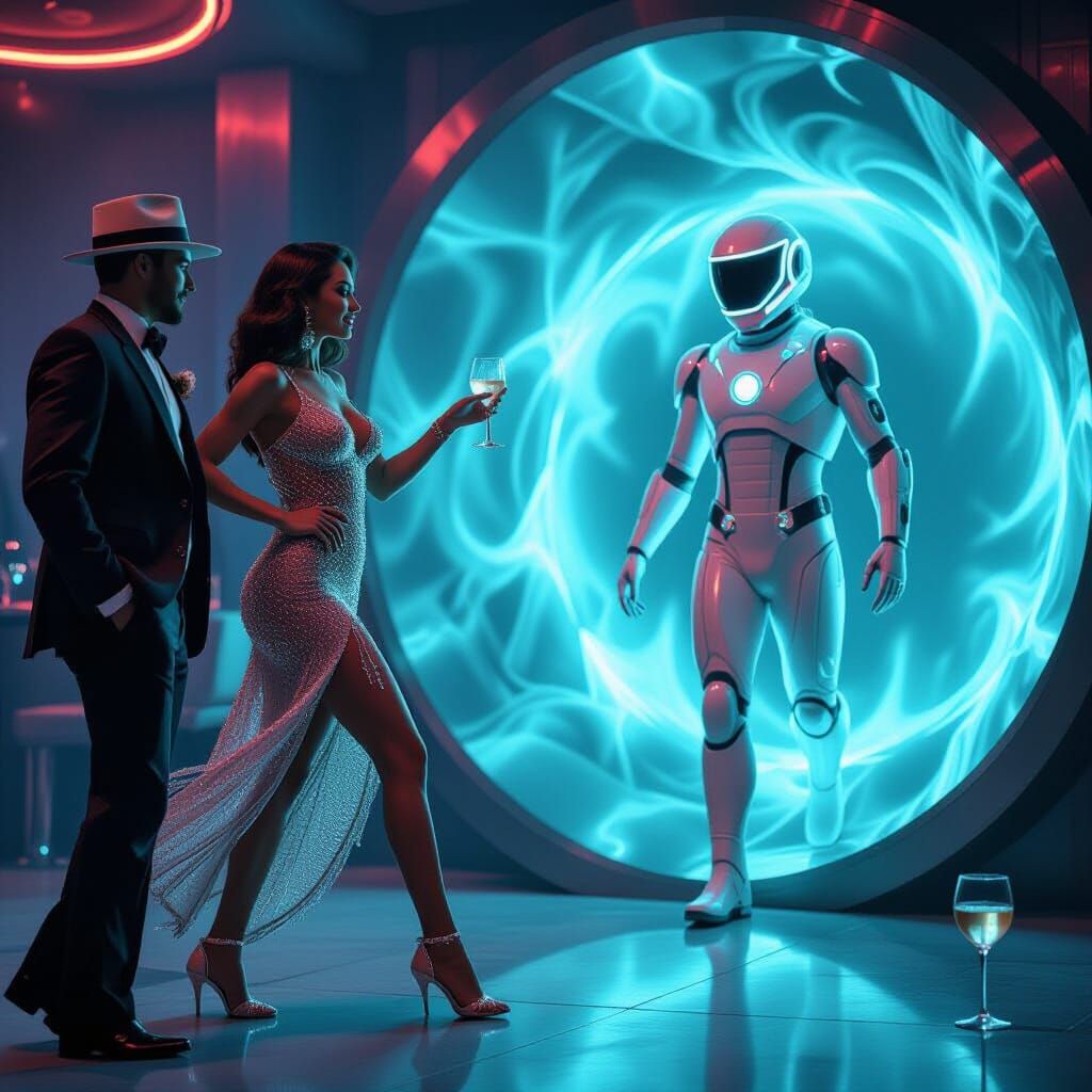 Futuristic Figure Disrupts 1920s Speakeasy with Vortex