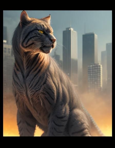 catzilla Big cat raging terror on a city& hyperdetailed intricately detailed detailed matte painting 8k resolution conce...
