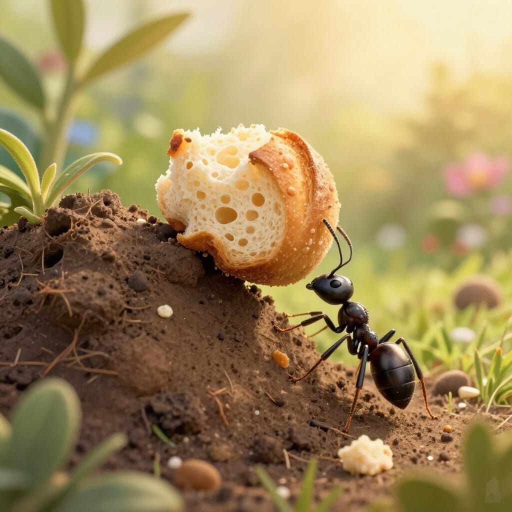 Ant Carries Bread Crumble Up Anthill At Sunrise