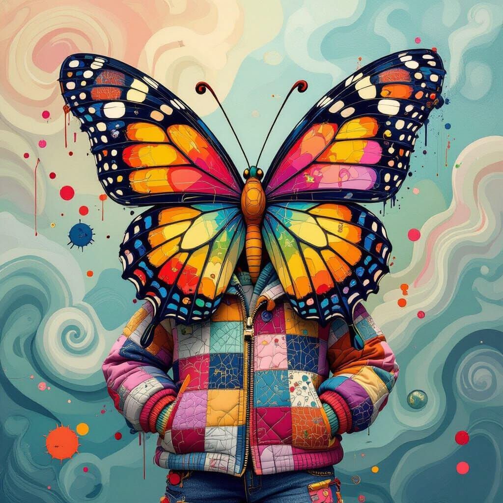 Colorful Patchwork Butterfly in Dreamlike Setting