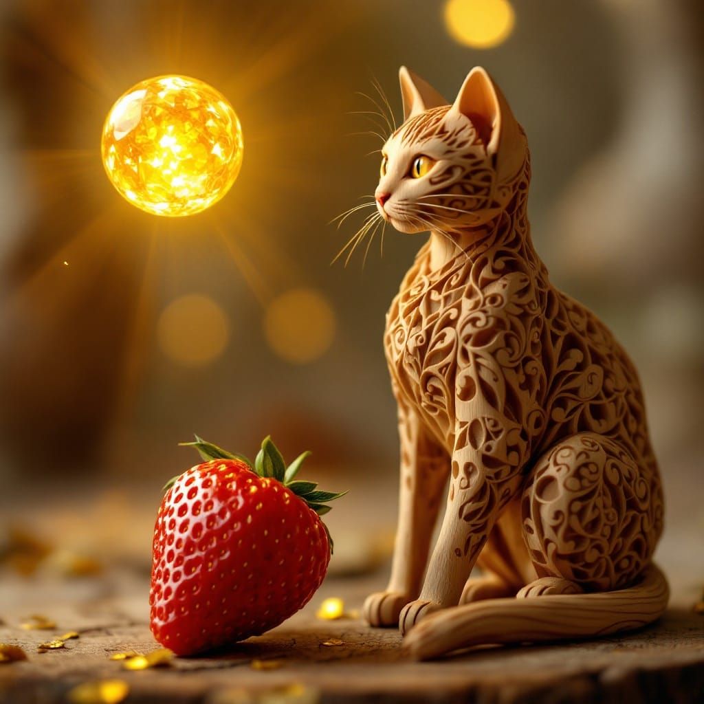 Wooden Cat Adorned with Strawberry and Ethereal Orb in Dream...