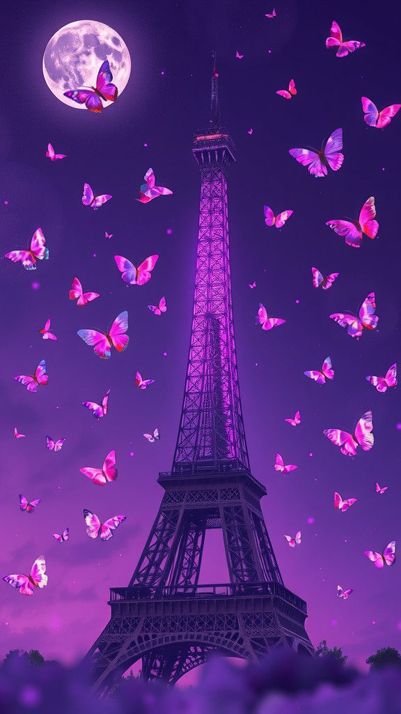 Eiffel Tower Surrounded by Dreamy Purple Butterflies