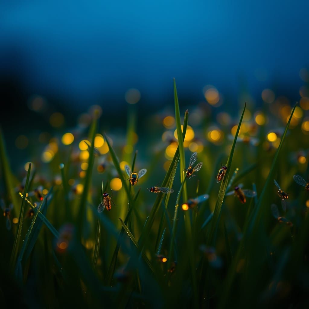 Glowing Fireflies on Dewy Grass at Dusk