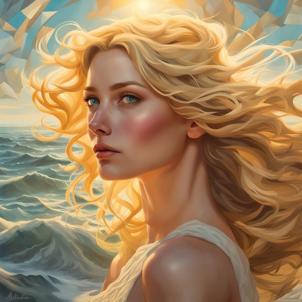 Golden Haired Woman Ocean Portrait, Hyperdetailed Fantasy Ar...