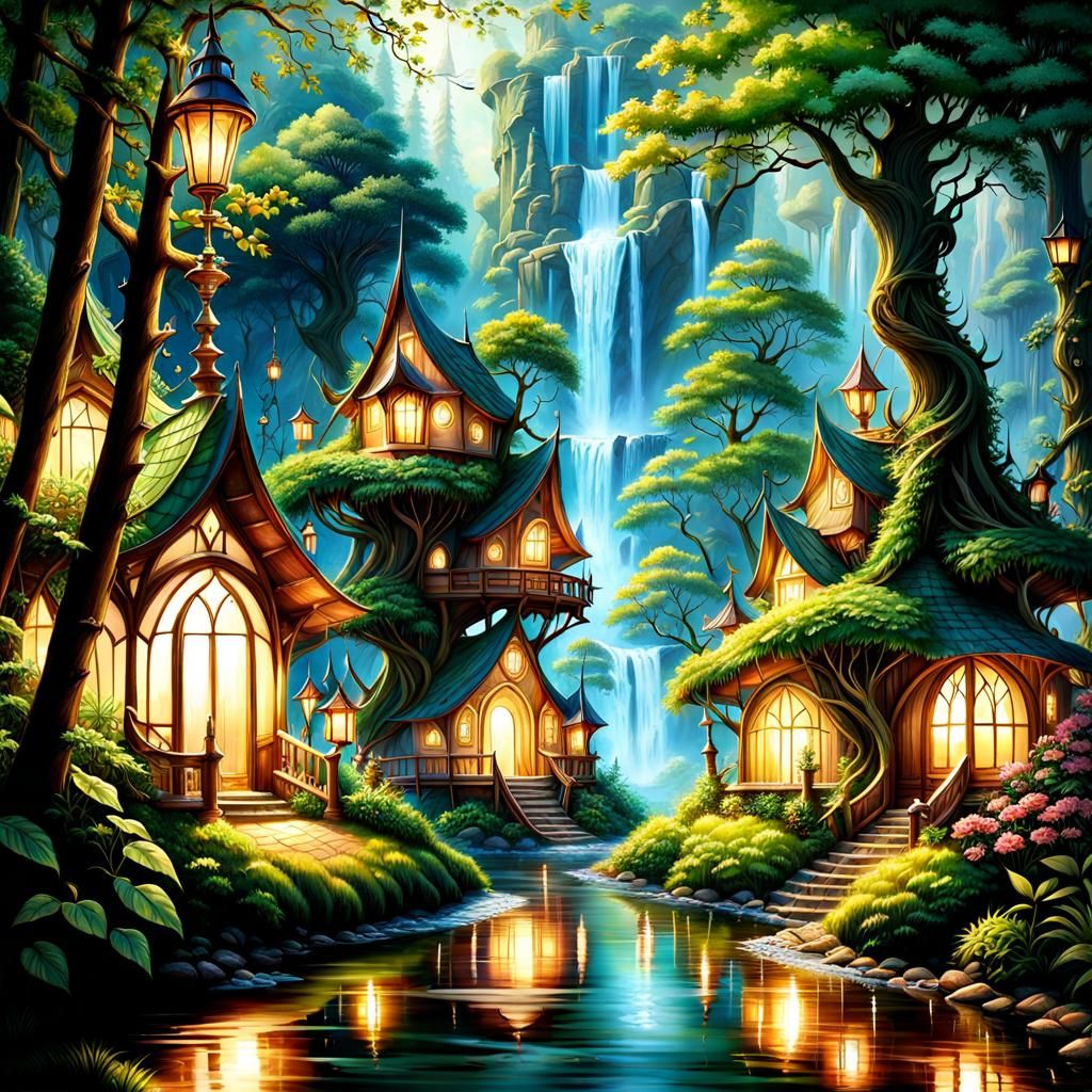 Enchanted Elven Kingdom with Waterfalls and Treehouses