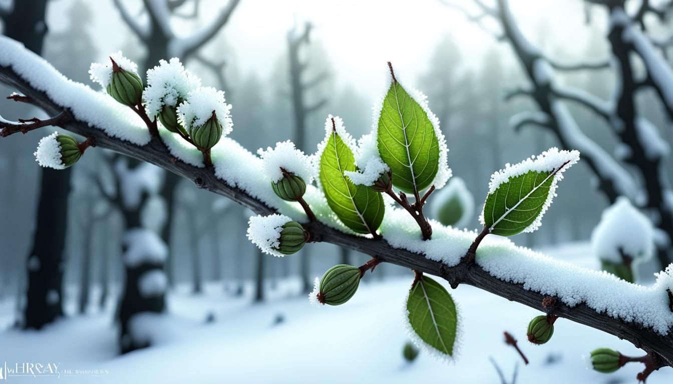 Snowy Branches with Budding Leaves in Mixed Media Style