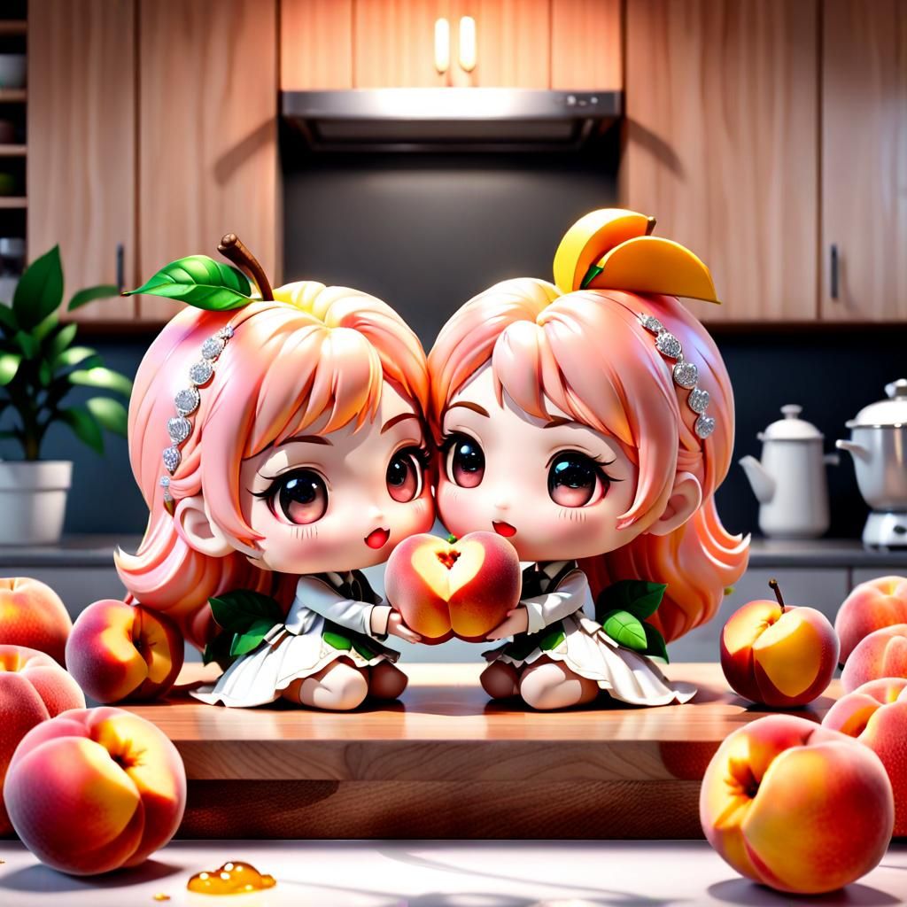 Chibi Peach Twins Holding A Heart Shaped Peach π