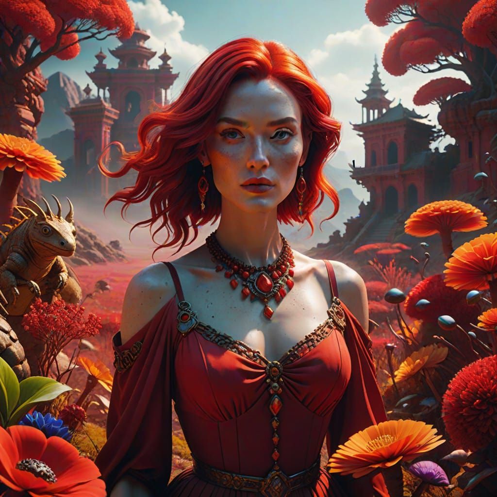 Surrealist Scarlet Goddess in Crimson Haven