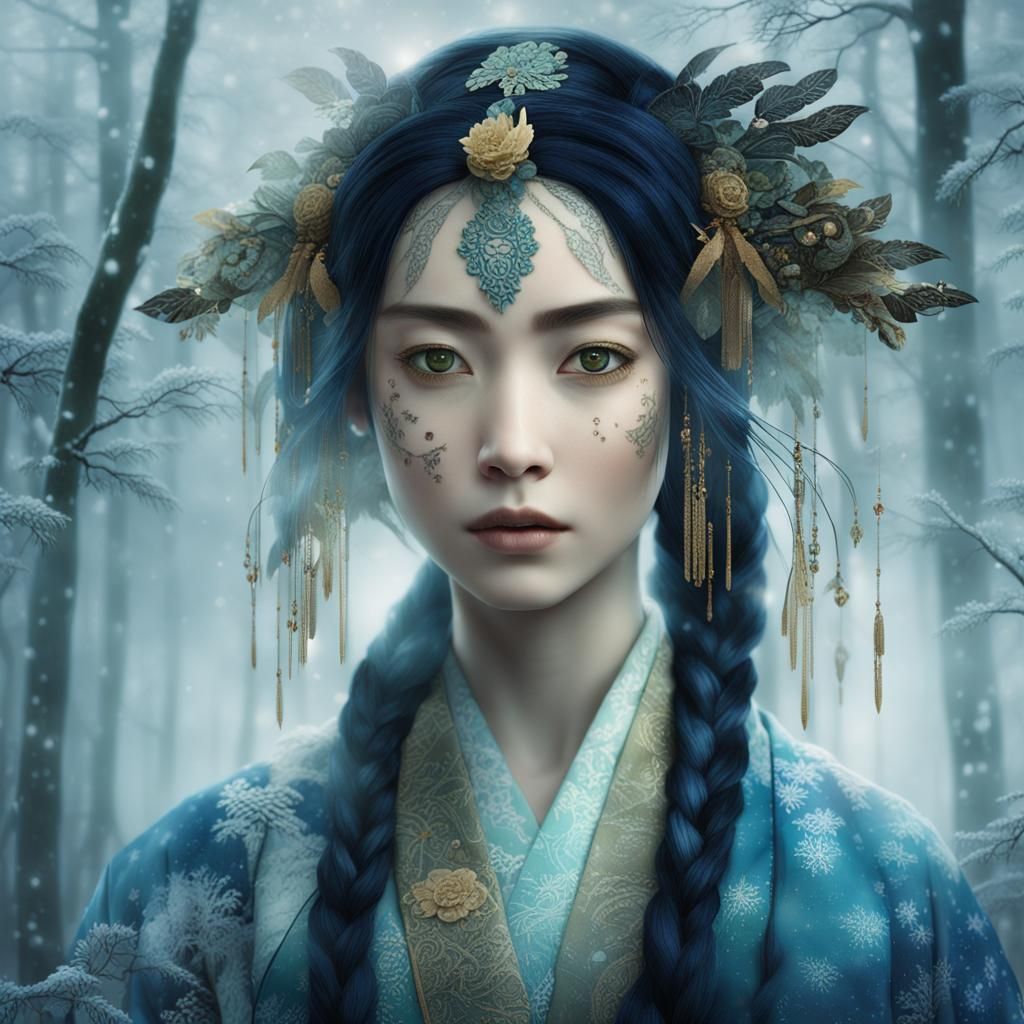 Nordic Maiden in Japanese Kimono in Snowy Forest