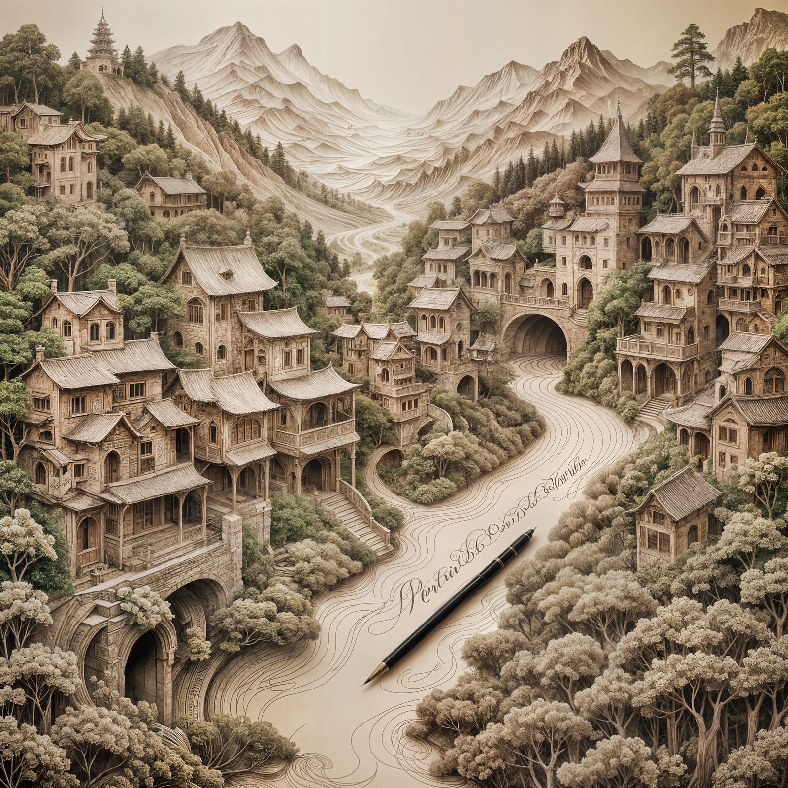 Calligraphic World Rendered as Paper Landscape