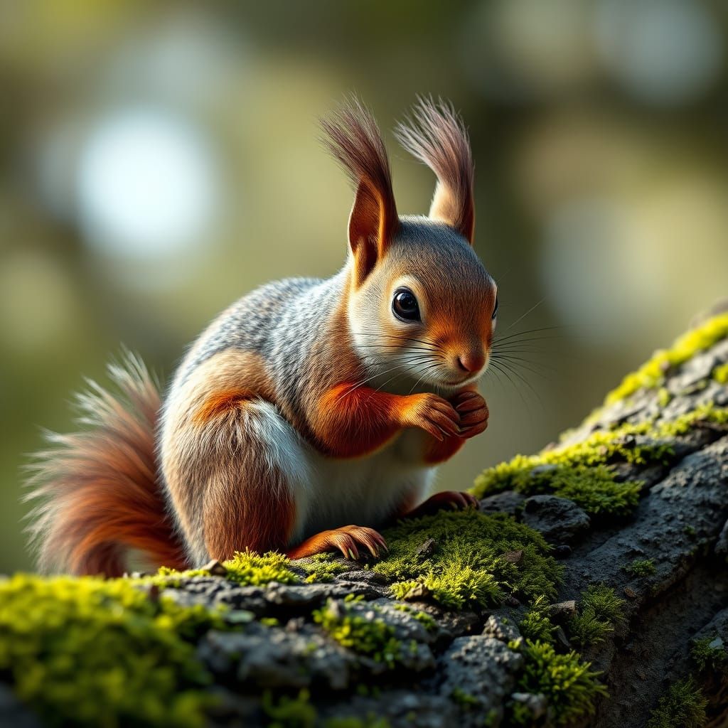 Hyperrealistic Squirrel on Mossy Branch, Soft Lighting