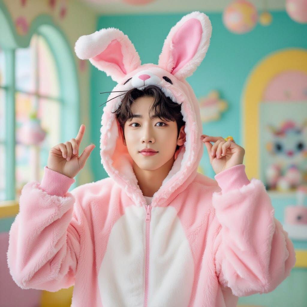 Man in Pink Bunny Costume, Murakami-Inspired Art