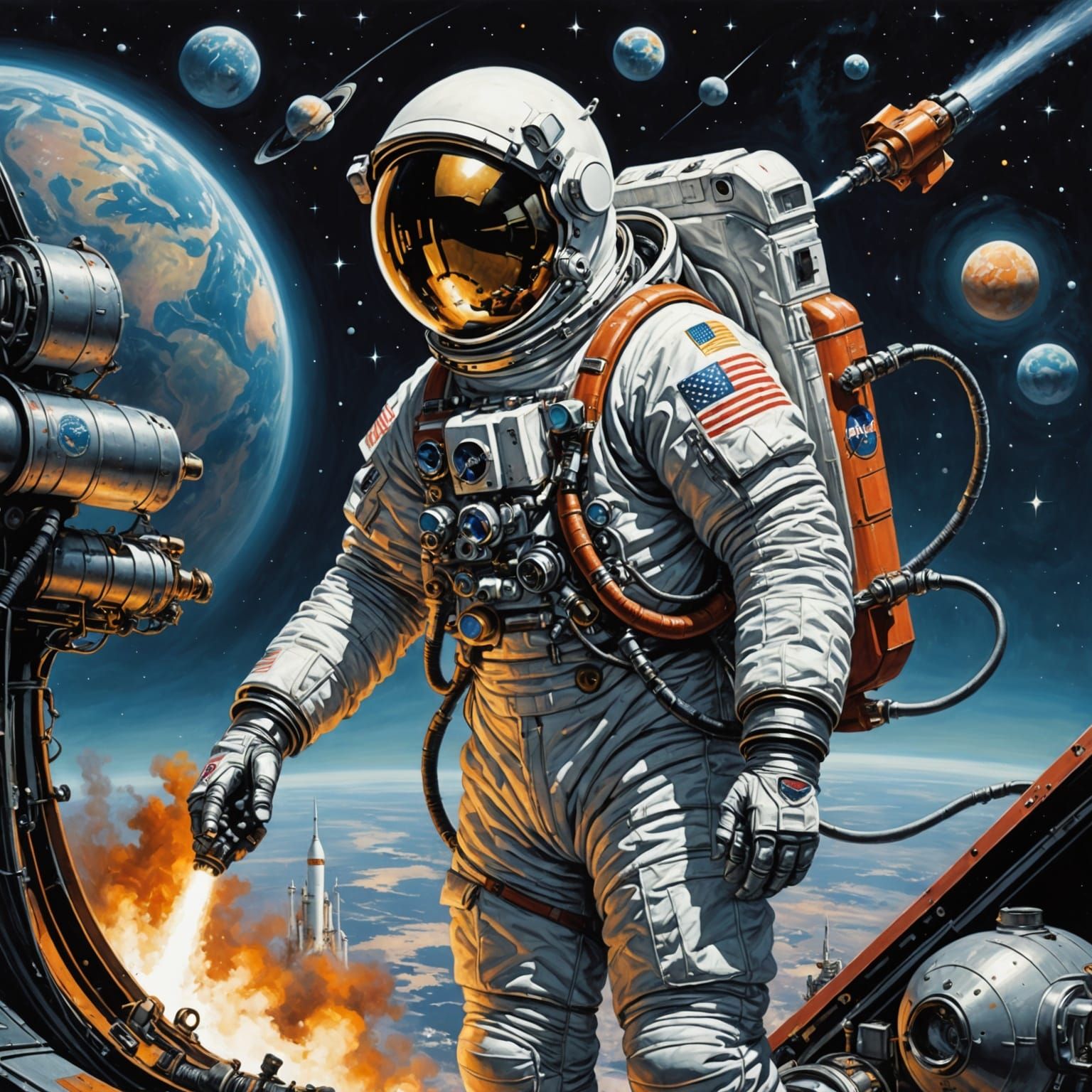 Astronaut Refuels Rocket in 1950s Retro Comic Style