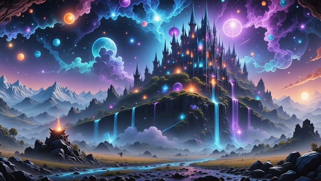 Epic Fantasy Castle Landscape with Tarot Cards