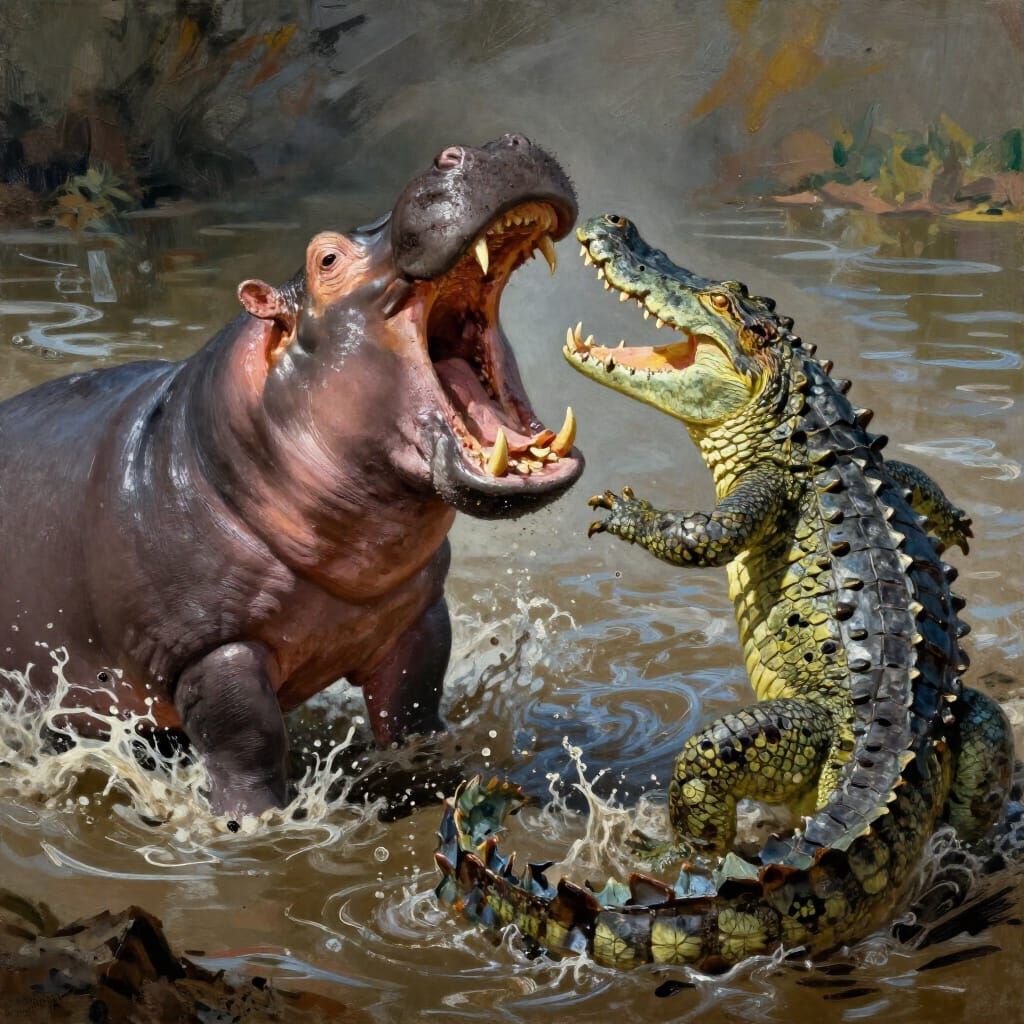 Fierce Hippo and Crocodile Battle in Muddy River
