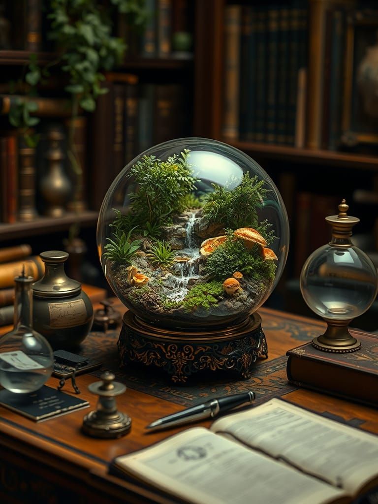 Miniature Ecosystem in Glass Orb, Botanical Art