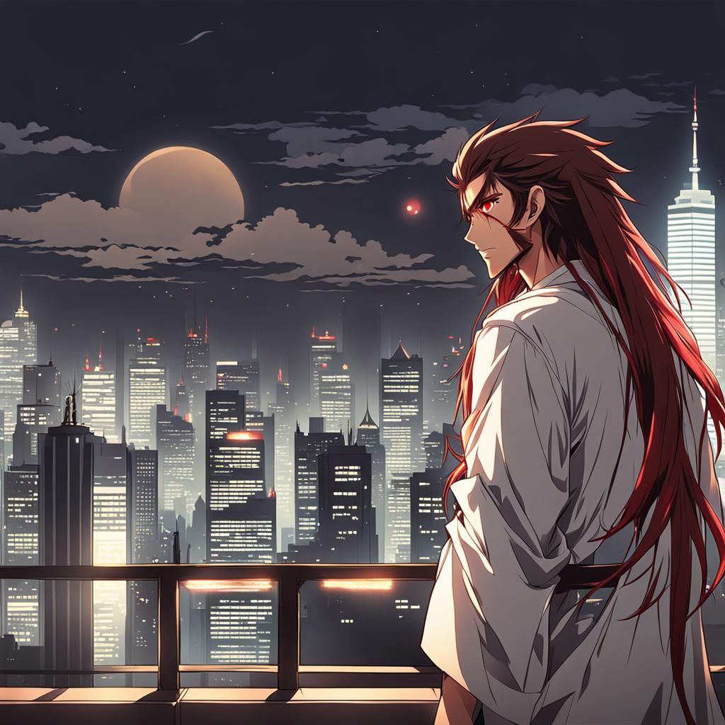 Anime Style Man Gazing at Cityscape at Night