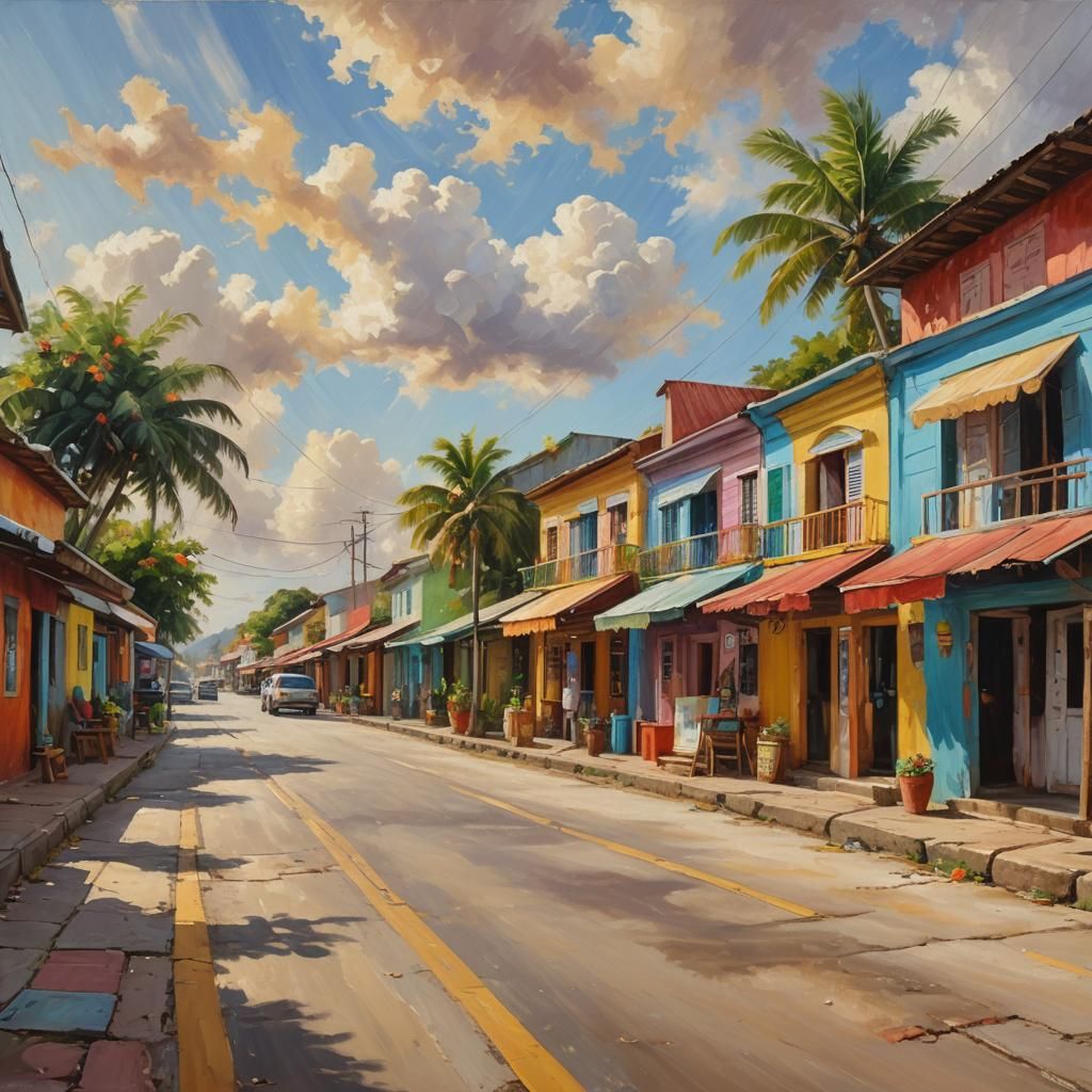 Colorful Caribbean Village in Impressionist Style